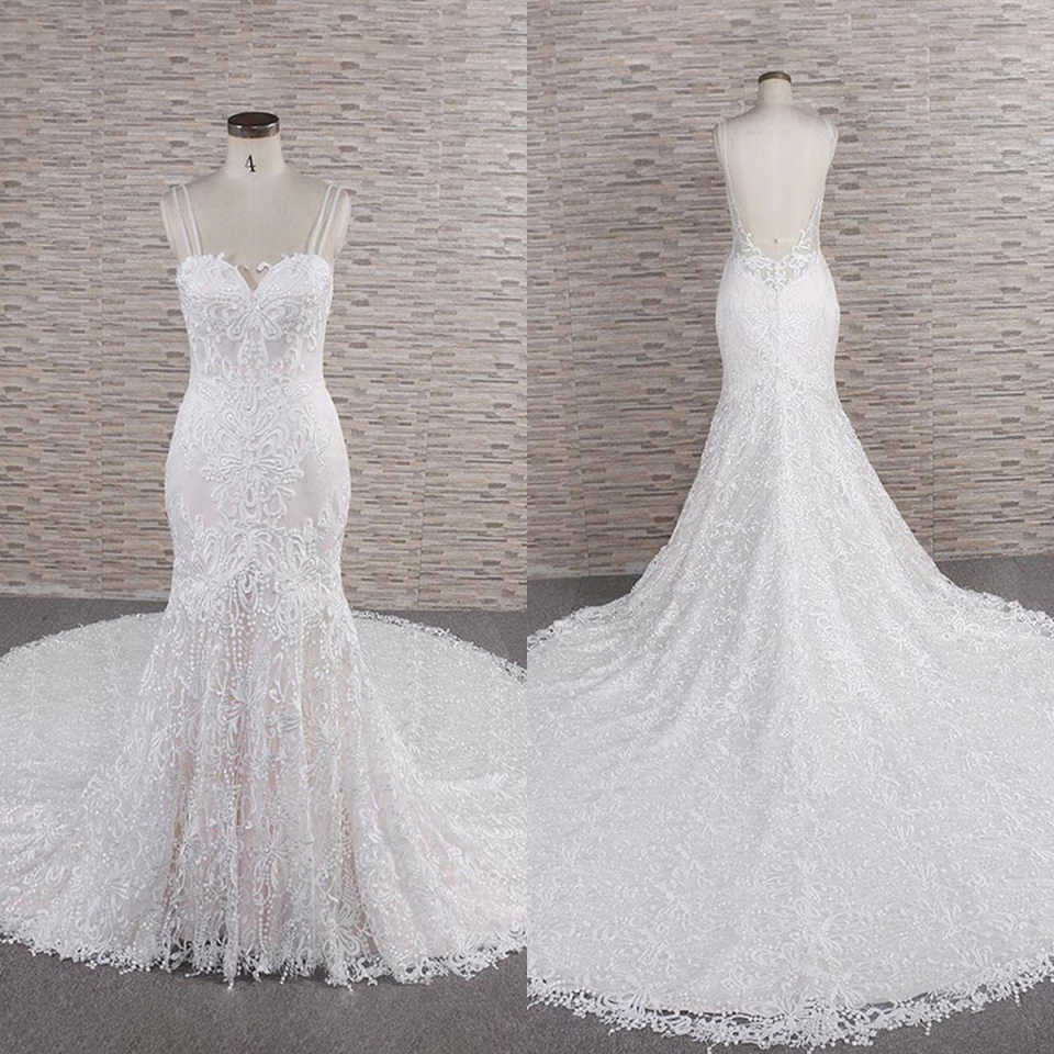 Vintage Mermaid Wedding Dress Backless Spaghetti Sleeveless Appliques Sweep Train Bridal Gowns Customized