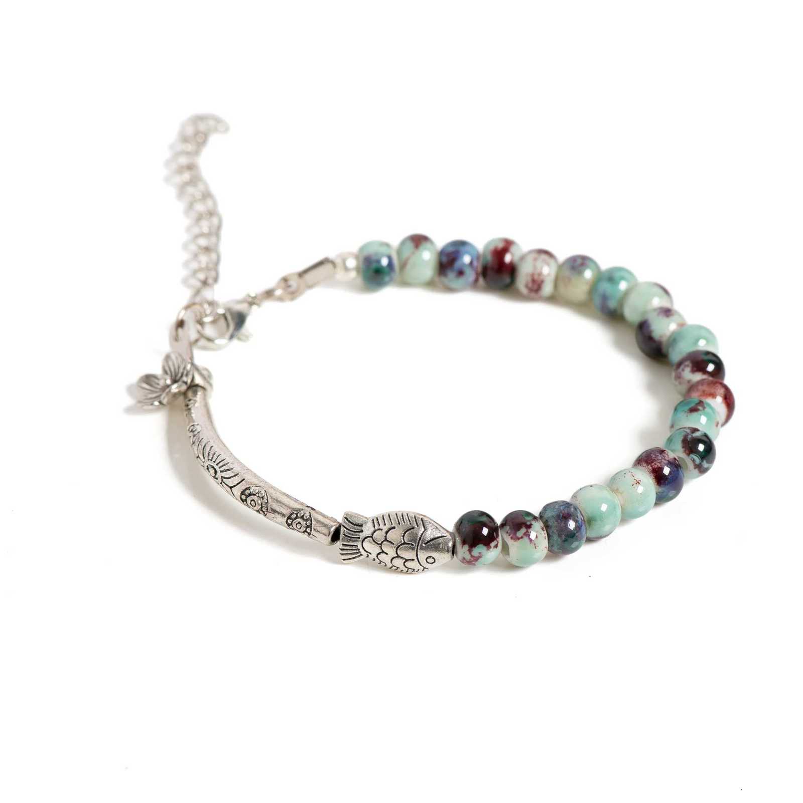 Handmade Floral Fish Ceramic Beaded Bracelet Adjustable Boho Elegant Jewelry with Silver-Plated Accents for Women 001188 Z250807