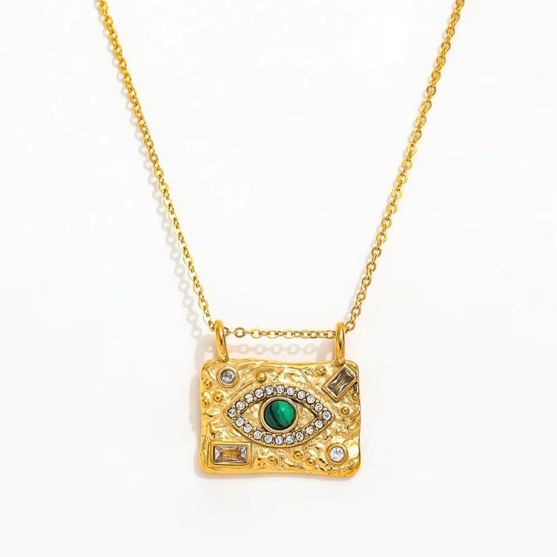 Jewellery Turquoise Eye Design Zircon CZ Pave Pendant Necklace with Matching Ring Stainless Steel Jewelry Set for Special Occasions Gift Textured Acce