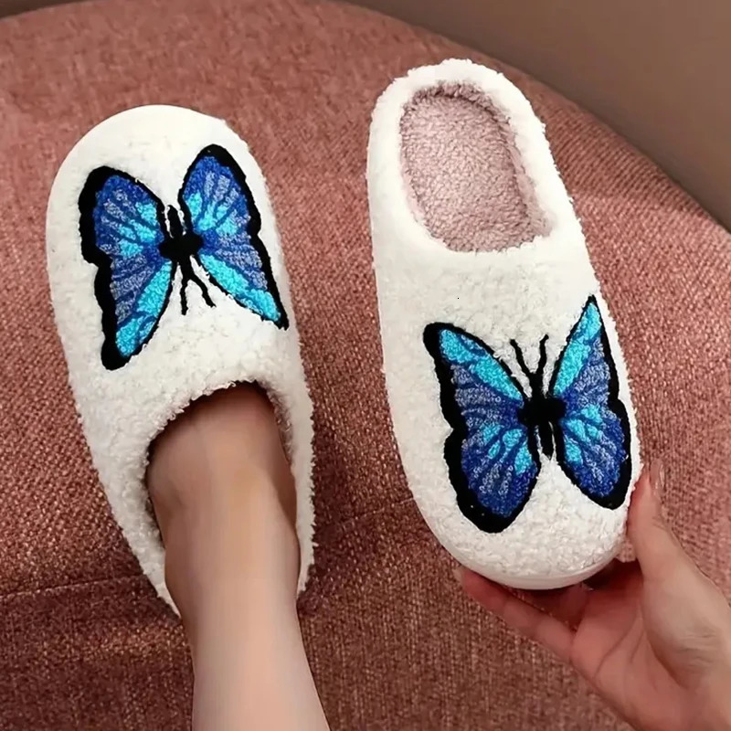 Lucyever Butterfly Embroidery Plush Woman Slippers Non Slip Soft Home Slides Shoes Women Winter Comfy Warm Cotton Shoes Female 250730