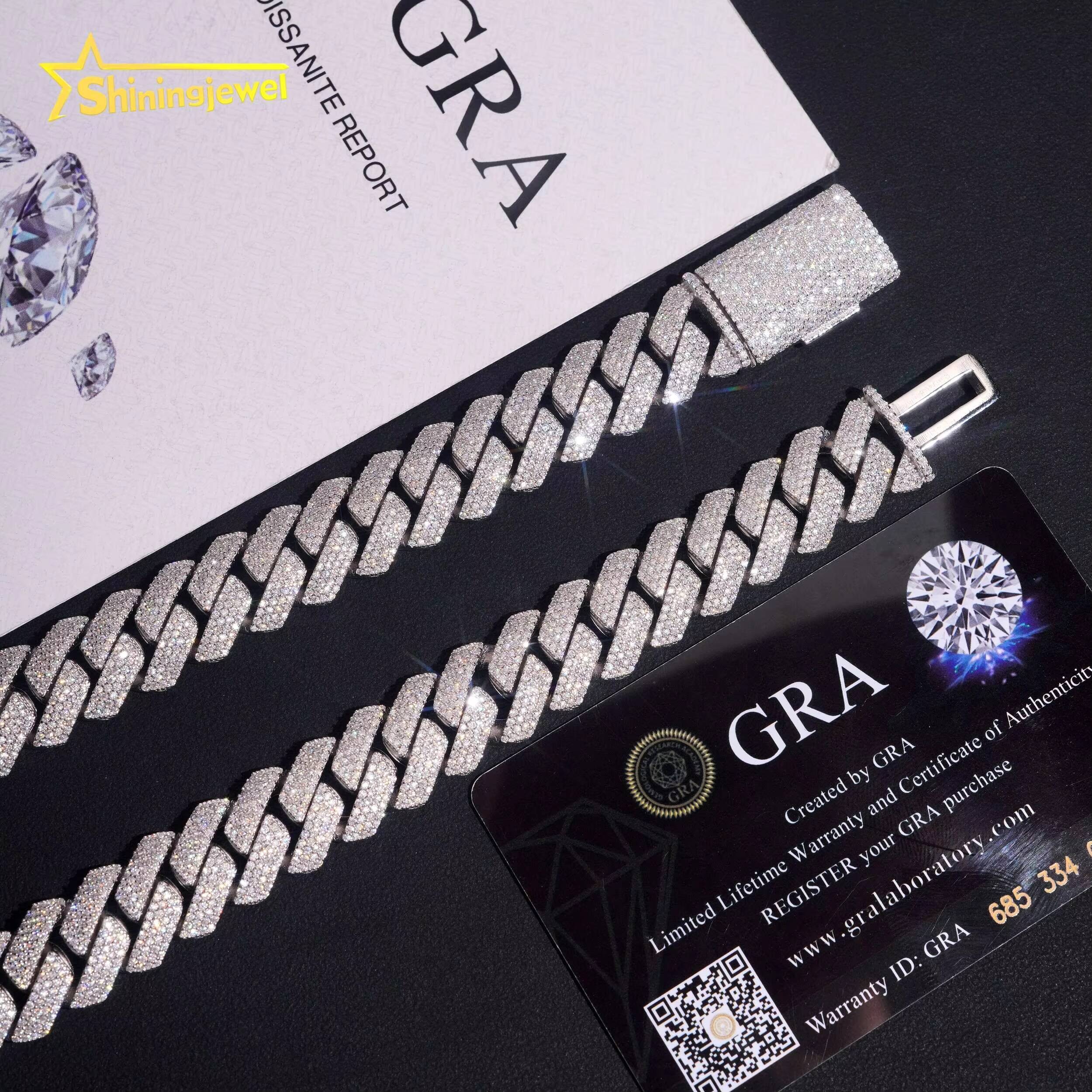 Iced Out Jewelry Hip Hop15mm 3Row Moissanite Necklace S925 Gold Plated Pass Diamond Test VVS Moissanite Diamond Cuban Link Chain