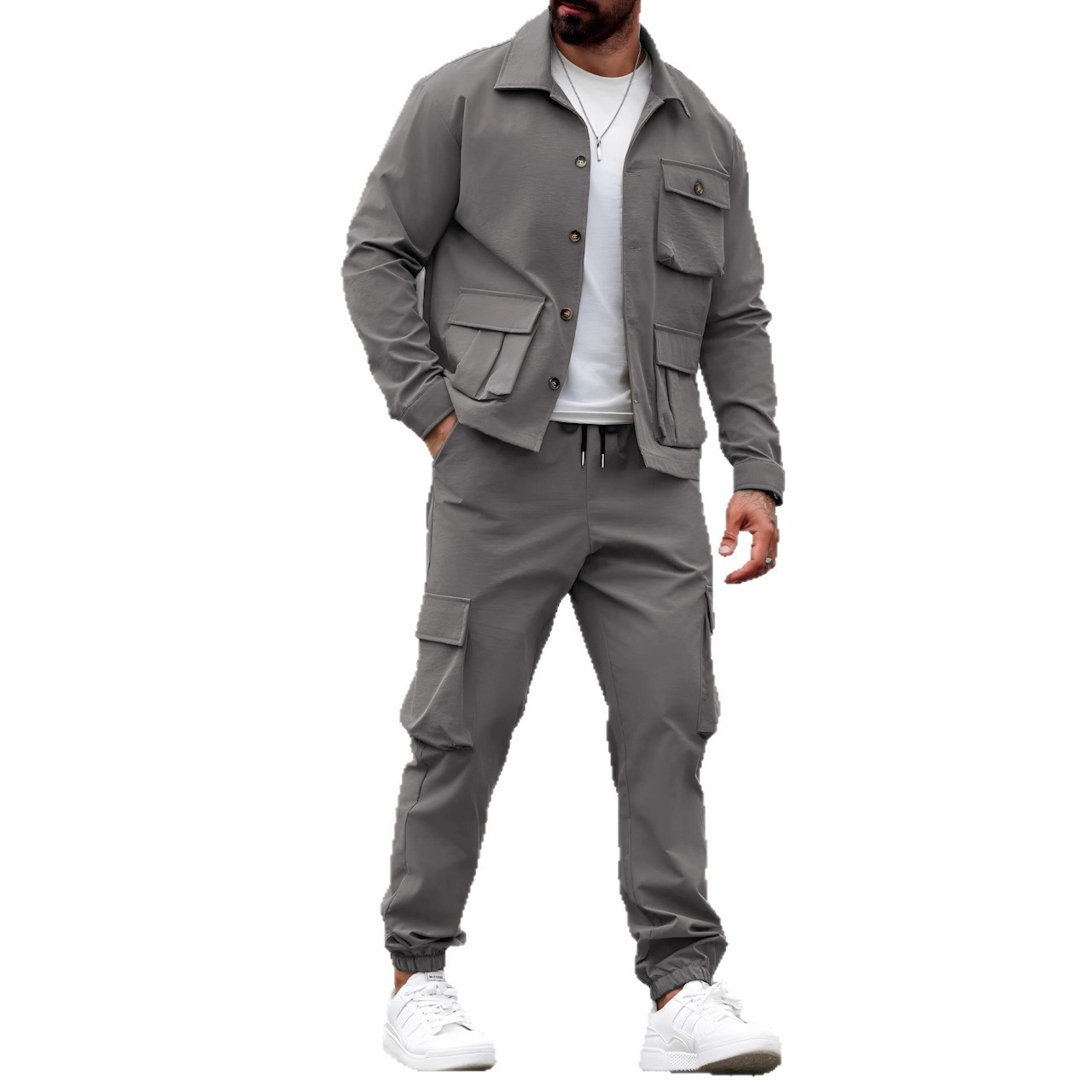 Fashion Solid Color Street Wear Trendy Slim Short Sleeve Lapel Shirt Pants Outfits Men Casual 2 Piece Sets black gray khaki
