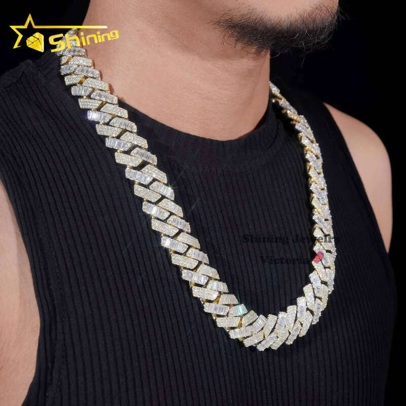 20MM Big Heavy Hip Hop Necklace Sier Baguette Iced Out VVS Moissanite Lab Dia Miami Cuban Link Chain