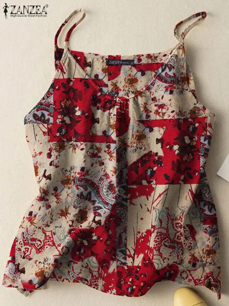 ZANZEA 2023 Summer Women Tanks Camis Cotton Sleeveless Printed Oversized Tops Baggy ONeck Floral printed Blusas Tunic Tee 250807