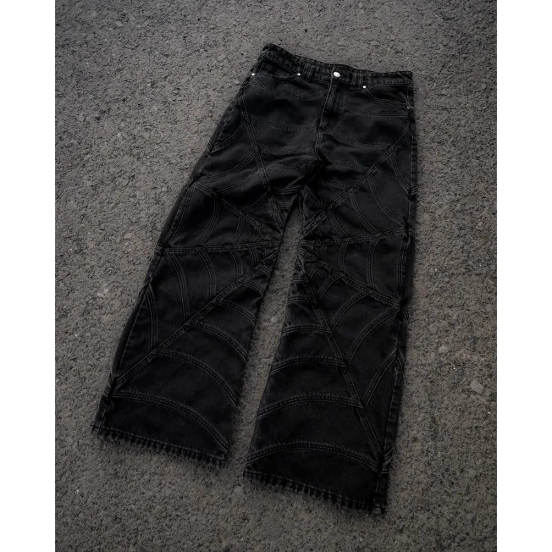 Gothic geometric spider pattern rosted long sleeves high quality baggy wide leg jeans for men niche Y2K versatile street trouser 250805