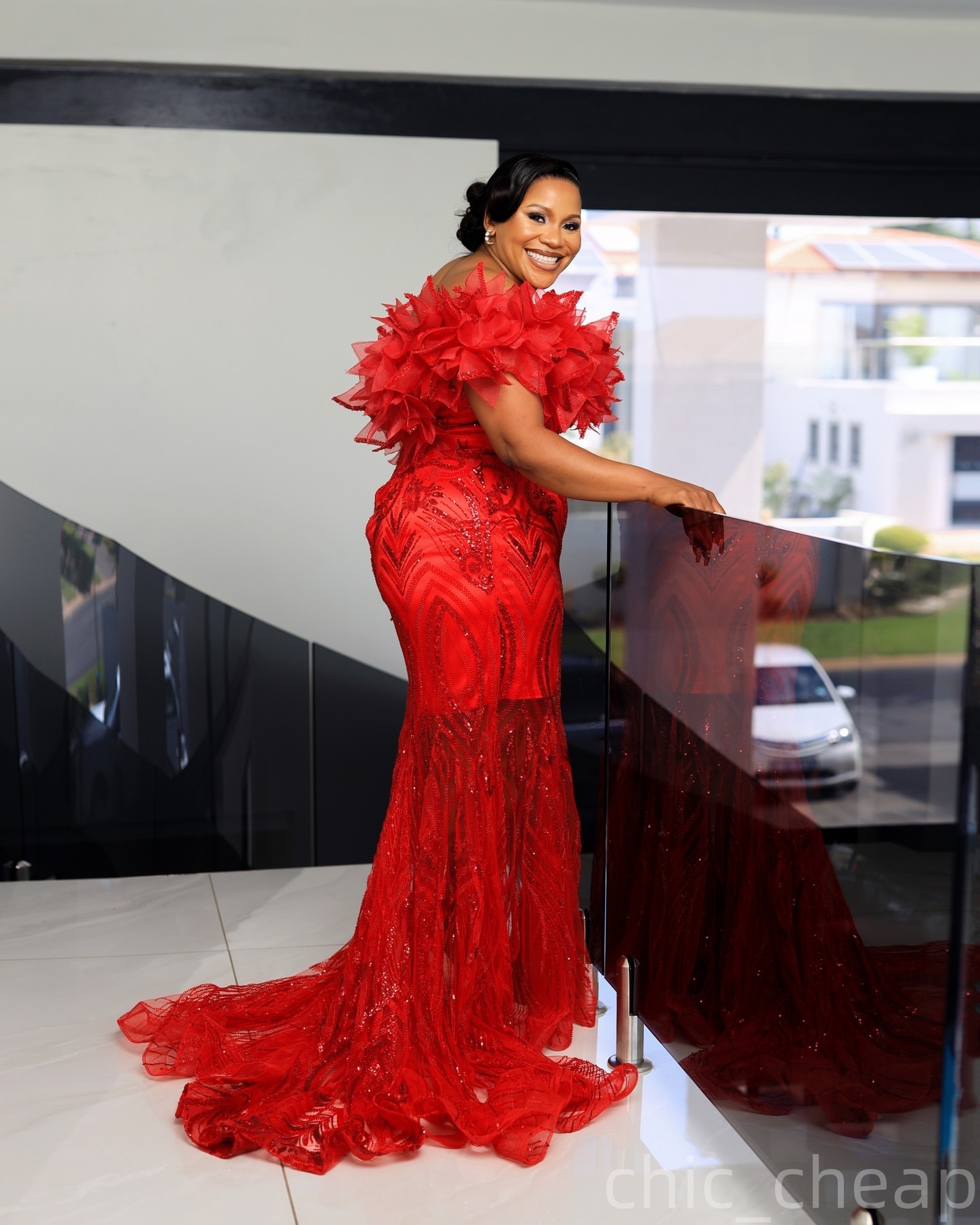 Mermaid Red Prom Dresses 2025 Florals Sequined Off Shoulder Evening Formal Party Second Birthday Engagement Gowns Plus Size Dress For Special Occasion