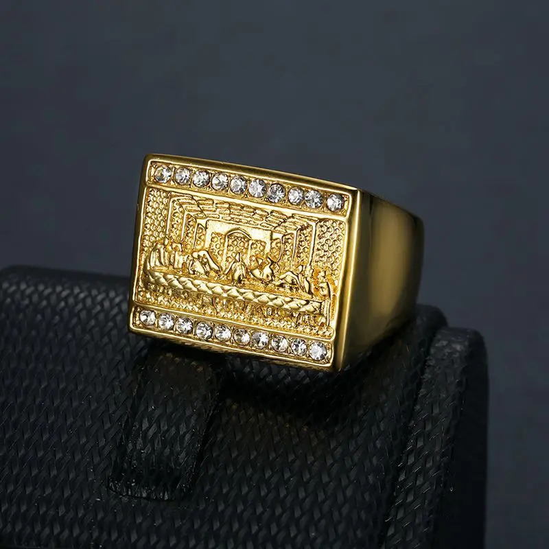 Stainless Steel The Last Supper Dinner Painting Gold Plated Hip Hop Square Rings For Men Women Gift Jewelry 250717