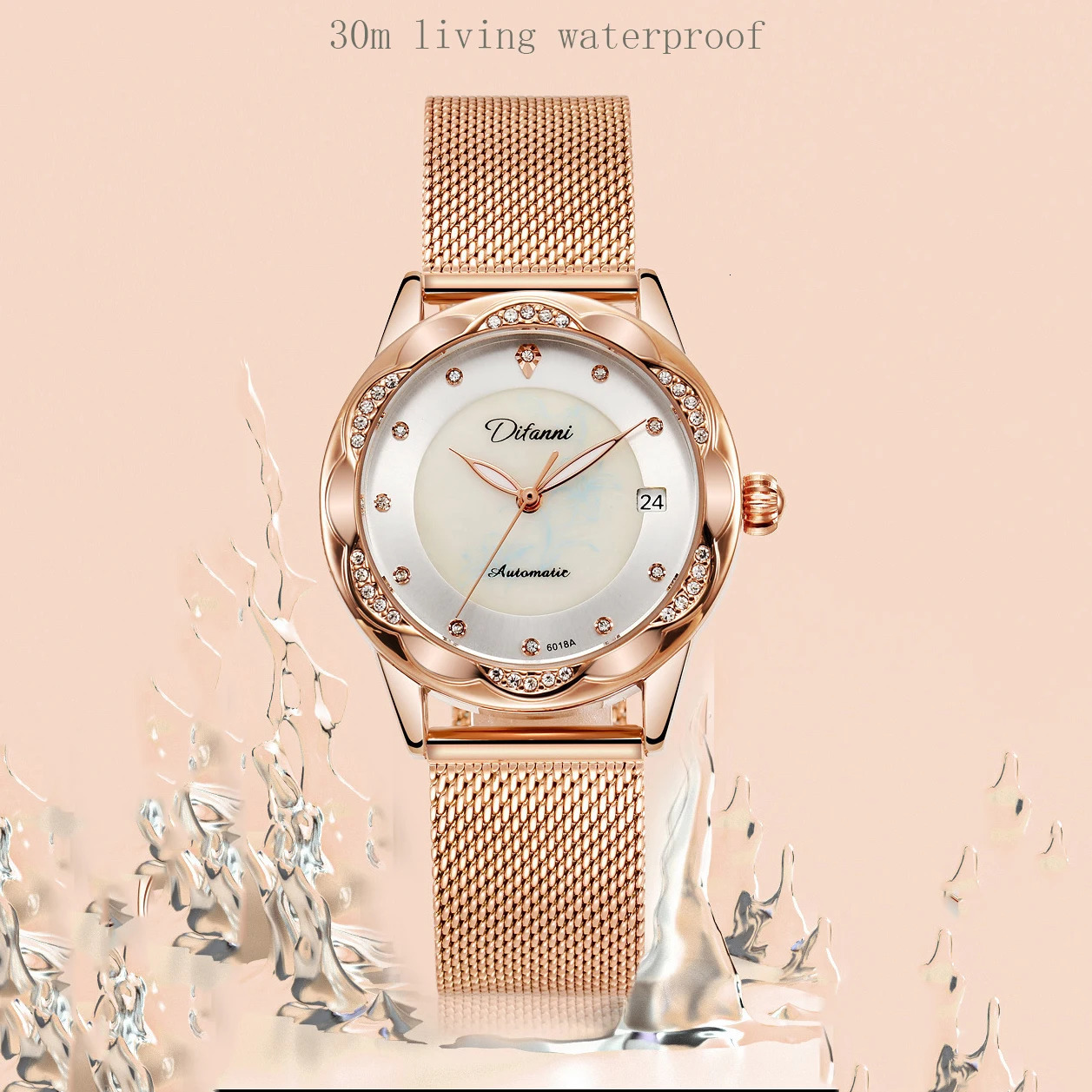 Women Mechanical Watches Automatic Crystal Diamond Wristwatch Lady Waterproof Fashion Casual Luminous Calendar Date Clock 250807