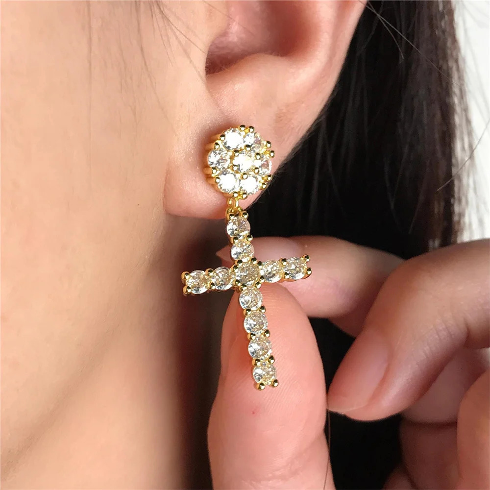 Male HipHop Ear Studs Full White Zircon Cross Stud Earrings For Men Women Punk Vintage Gold Silver Color Unisex Party Jewelry 250807