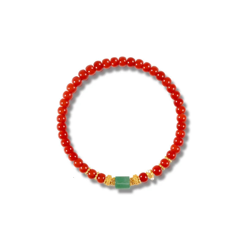 Women S925 Silver Gold Plated Natural Nanhong Bracelet Jade Barrel Beads Old Straight Cut Meditation Healing Therapy 250801
