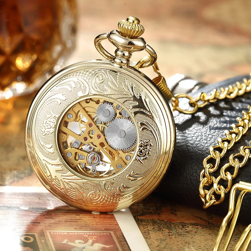 Retro Golden Hollow Skeleton Mechanical Pocket Watch Mens Fob Chain Steel Exquisite Sculpture Women Men Pocket Wath Gifs 250807