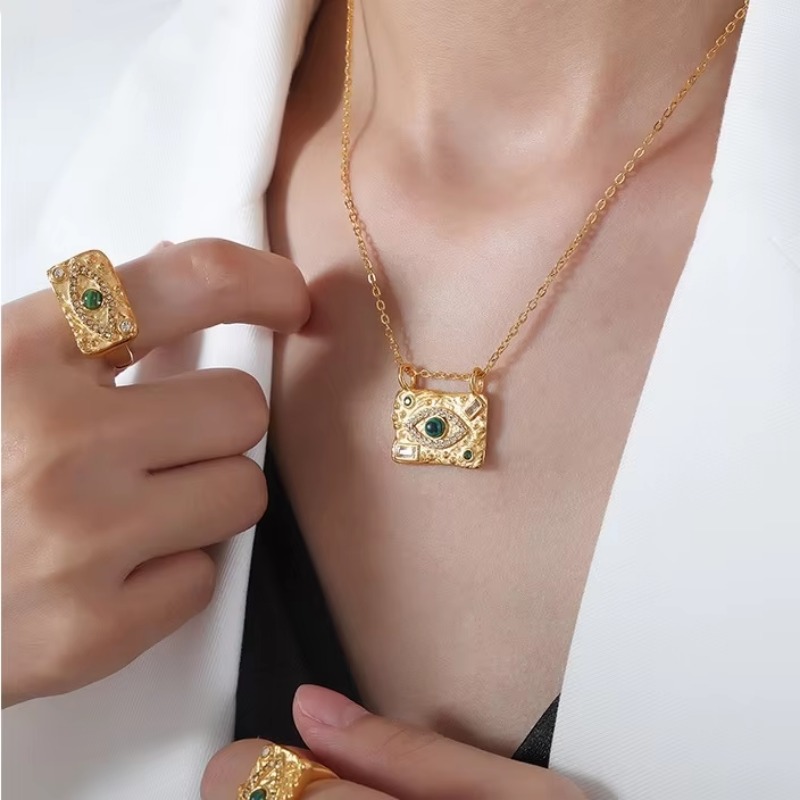 Jewellery Turquoise Eye Design Zircon CZ Pave Pendant Necklace with Matching Ring Stainless Steel Jewelry Set for Special Occasions Gift Textured Acce