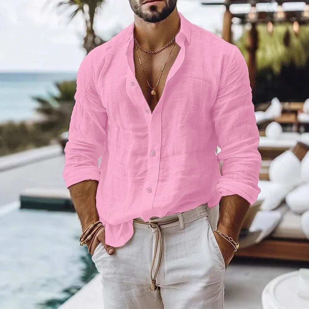 Cotton Linen Shirt for Men Summer Beach Style Solid Color Single Breasted Breathable Shirts Lightweight Stylish Button Tops 250805