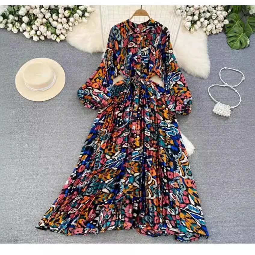 Women Print Dresses Lantern Sleeve Single Breasted Long Dresses Cinch Waist A Line Splice Vestidos Elegant Ladies Summer 250728