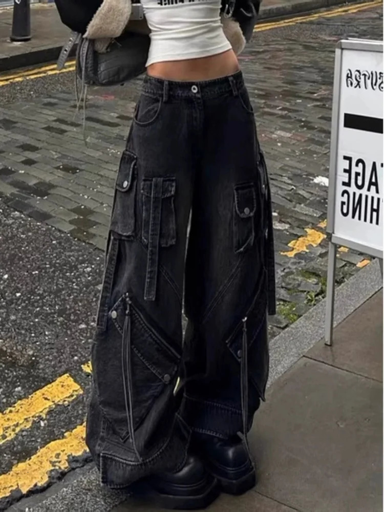 Punk Style Y2K Streetwear Washed Black Baggy Cargo Jeans Pants For Women er Clothes Wide Leg Lady Trousers Ropa Mujer 250804