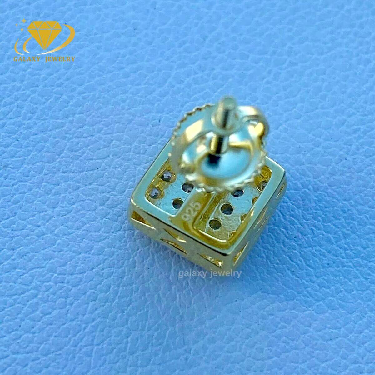 Hip Hop Earrings Real Solid 925 Silver Iced Out Screw Back Gold Plated Square Vvs Moissanite Stud Earrings