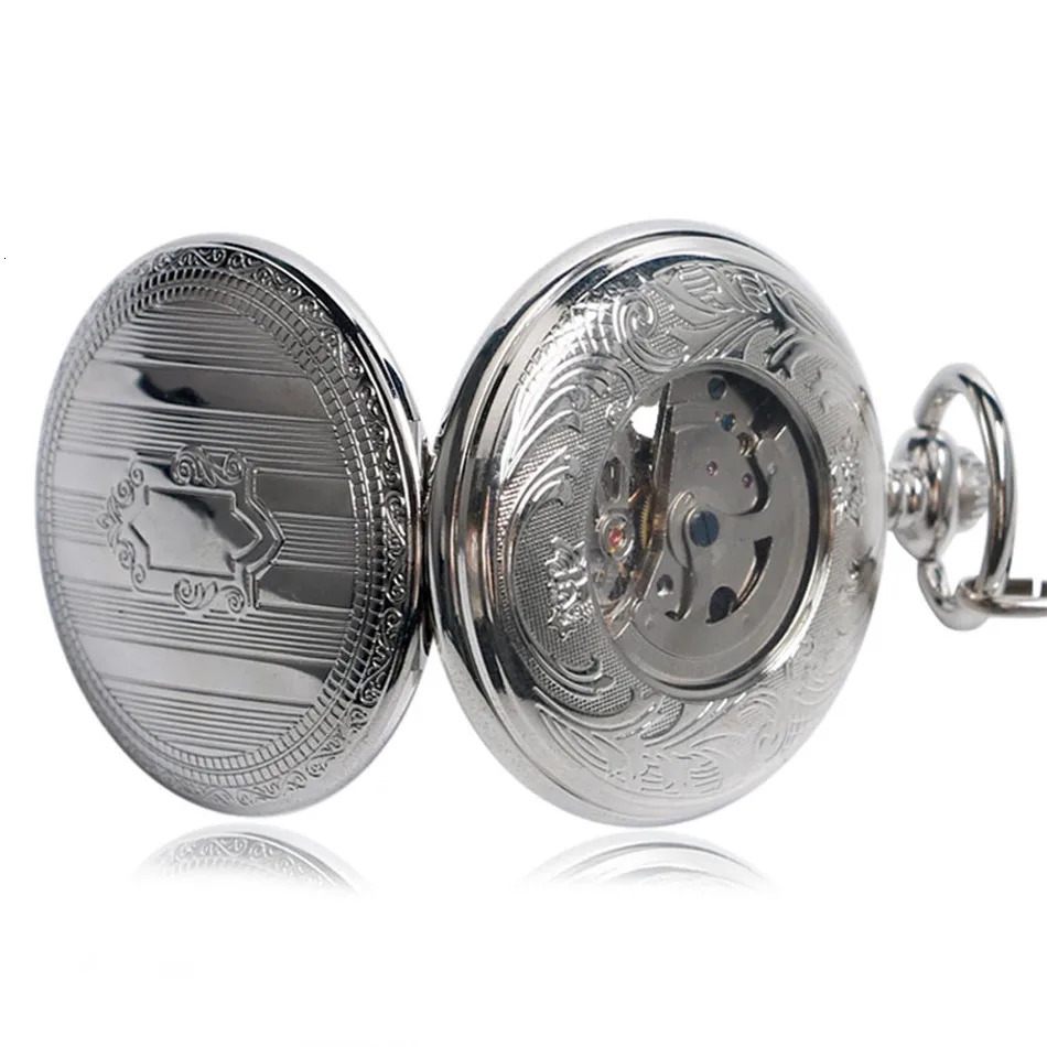 Silver Shield Automatic Mechanical Pocket Watch Arabic Numerals Display Self-Winding Pendant Antique Pocket Clock Male Gifts 250807