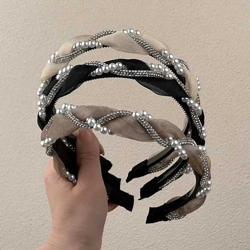 1pc Double Pearl Rhinestone Band Elegant Lace Braided Hair Hoop with Crystal Bezel for Women and Girls Stylish Hair Accessories Y250808