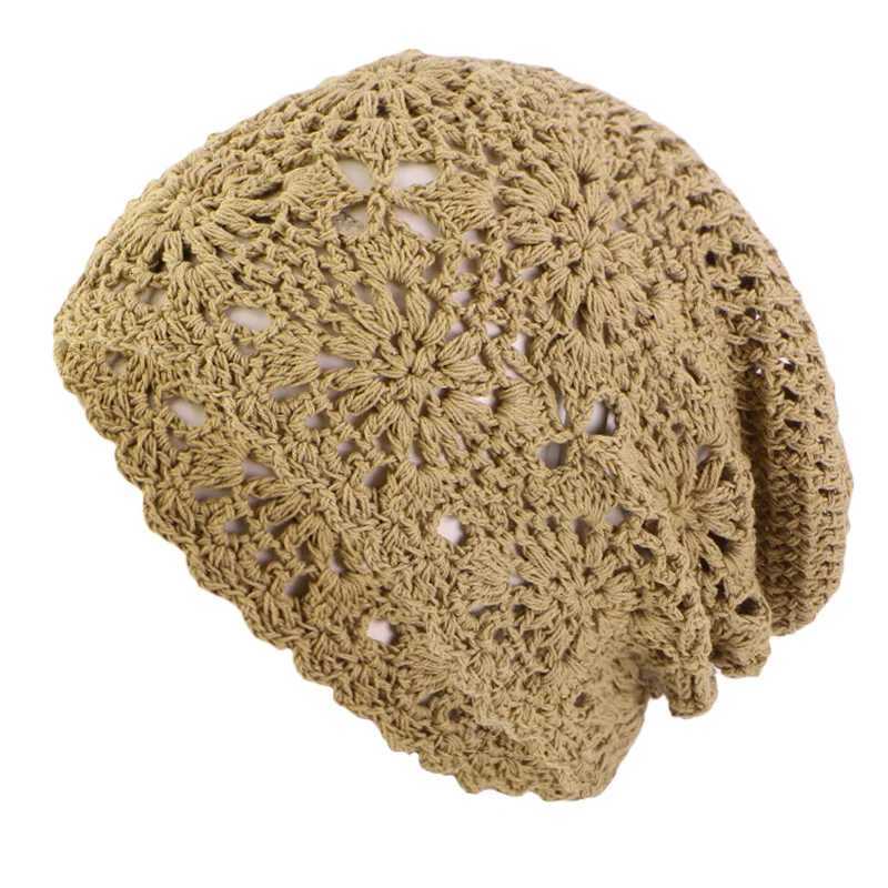 New Women Handmade Crochet Slouchy Beanie Knit Hat Elegant Flower Hollow Out Breathable Skull Cap Elastic Beanies Chemo Cap Z250808