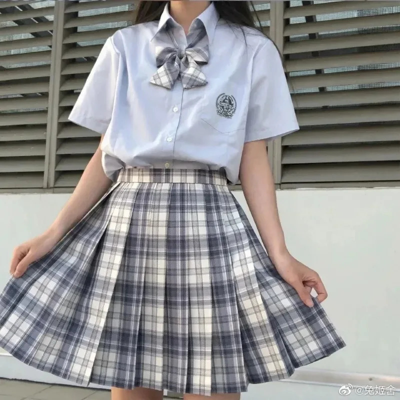 Korean School Girls Uniform Pleated Skirts Japanese High Waist ALine Plaid Skirt Sexy JK Uniforms Woman Full set 250729