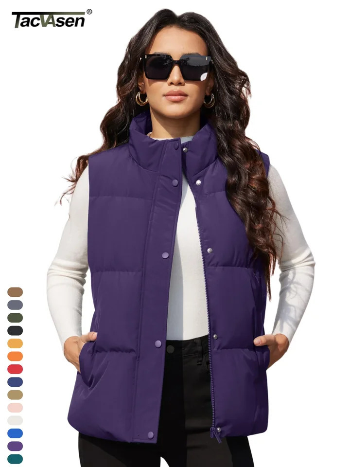 TACVASEN Winter Puffer Duck Feather Down Coats Womens Warm Sleeveless Outwear Waistcoats Zip-up Button Lightweight Padded Vests 250804