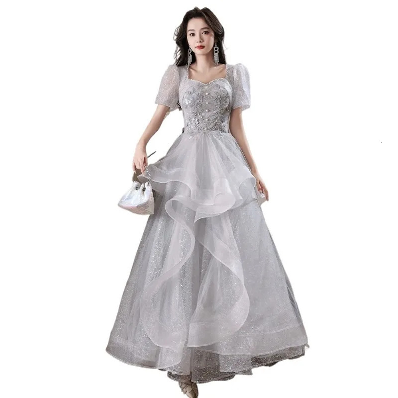 2025 Womens Summer Banquet Grey Mesh Evening Dress Fashion Square Leader Years Presidents Slim Performance Dress 250728
