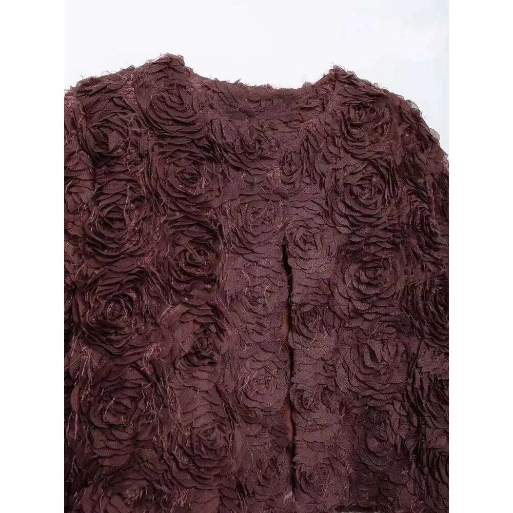 Women Fashion Flower-shaped Textured Cropped Jacket Coat Long Sleeve Snap-button Female Outerwear Chic Tops