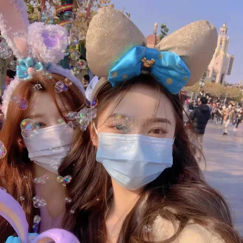 Disney2025 Original Disney Mickey Ears Headband Shanghai Disneyland Minnie Leather Headband Hairband Sequin Bow Party Hair Accessories W250808