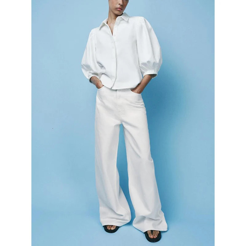 Summer Collar Puffy Sve Denim irt High Waist Wide Leg Simple Jeans Two Piece Set ort Sve Buttoning Faion Outfit 250728