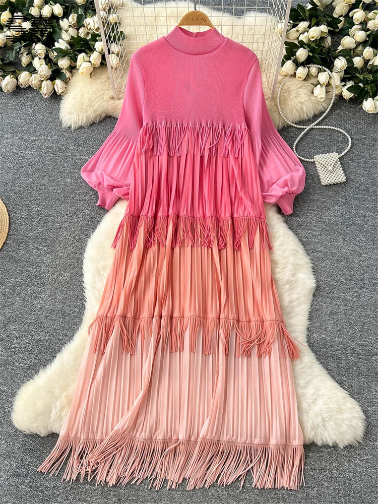 SINGREINY Multicolor Spring Loose Dress Women Lantern Sleeve Temperament O Neck 2025 est Vintage Tassel Senior Long Dresses 250728