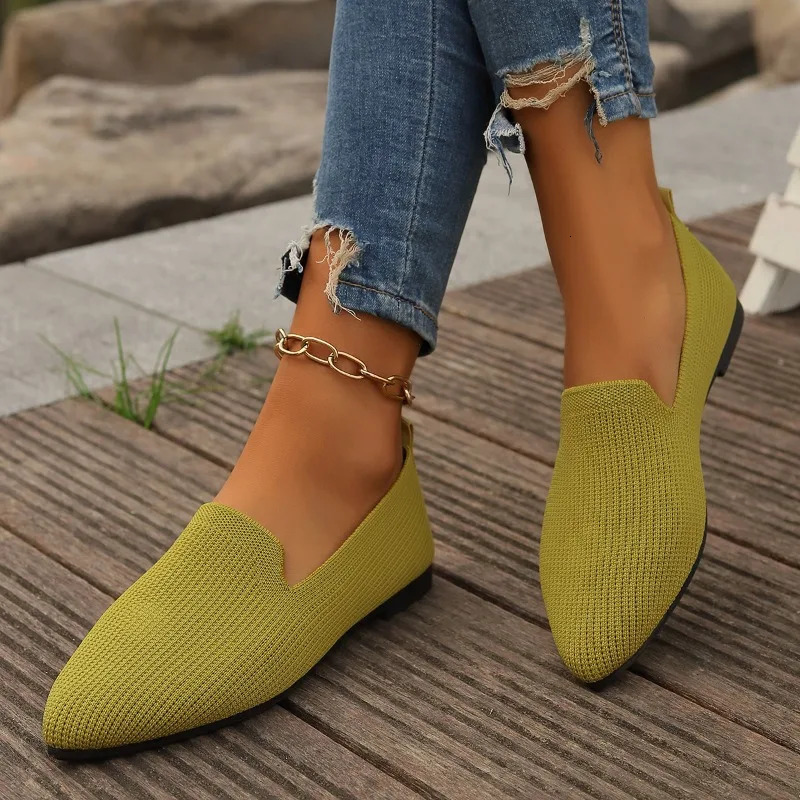 Womens Pointed Toe Flat Shoes Solid Color Knitted Slip on Shoes Casual Breathable Ballet Flats Women Flat Shoes Loafers Women 250805