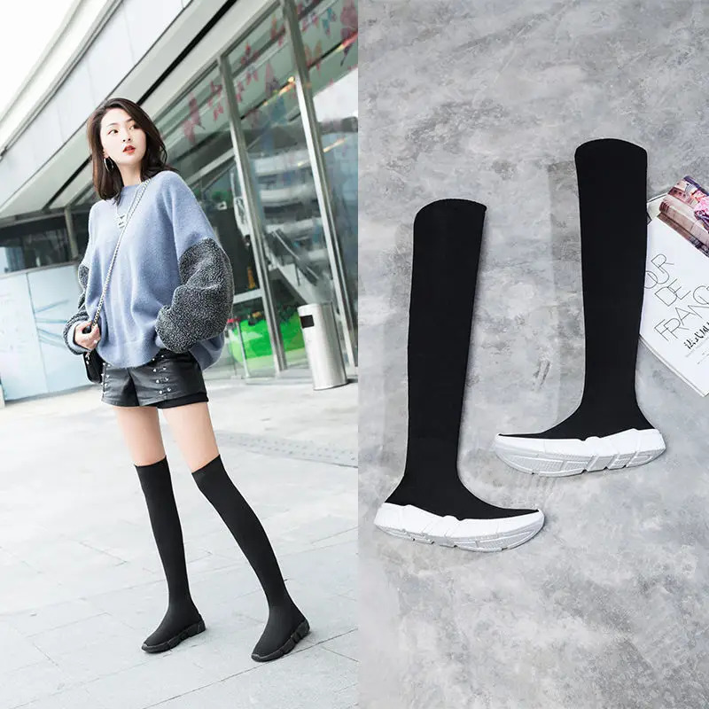 Sexy Sock Boots Knitting Stretch Warm High Heels For Women Fashion Knee Spring Autumn Booties Female 250801