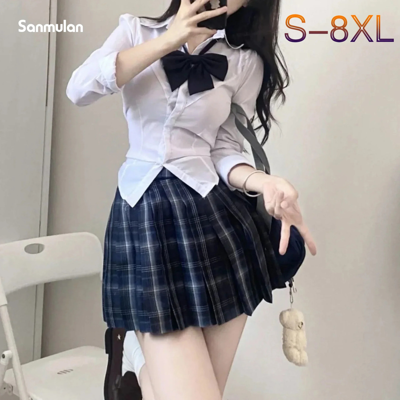 S8xl plus size American Jk school uniform original bow pleated skirt college style slim shirt high waist suit 250729
