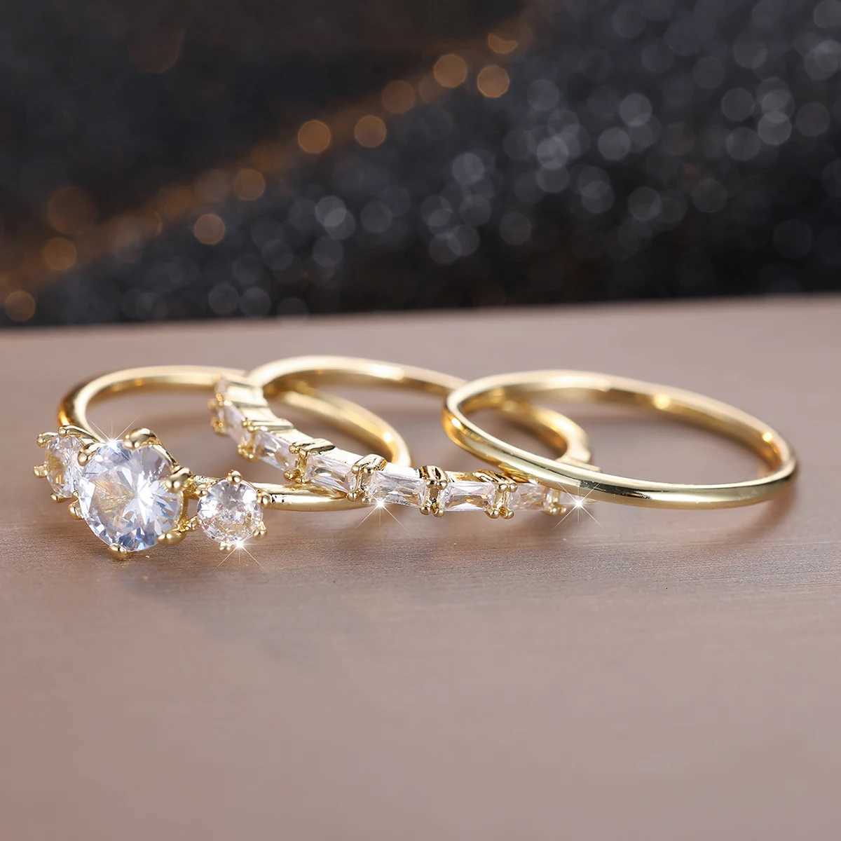 3pcs Luxury Bridal Stacking Thin Ring Sets For Women Gold Color Round White Zircon Wedding Bands Party Mothers Day Jewelry Gifts Y250808