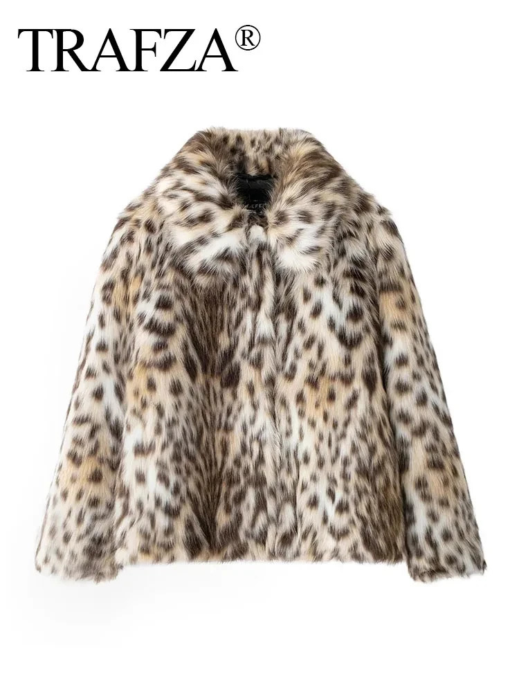 TRAFZA Winter Woman Leopard Print Lapel Faux Fur Loose Coat Pockets Fashion Long Sleeves Fuzzy Jacket Female Warm Outerwear 250806