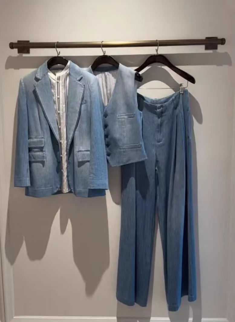 High Quality Cotton Pants Elegant Womens Denim Blue Blazer Outfits Fashion Ladies Vest Business Wear 250728