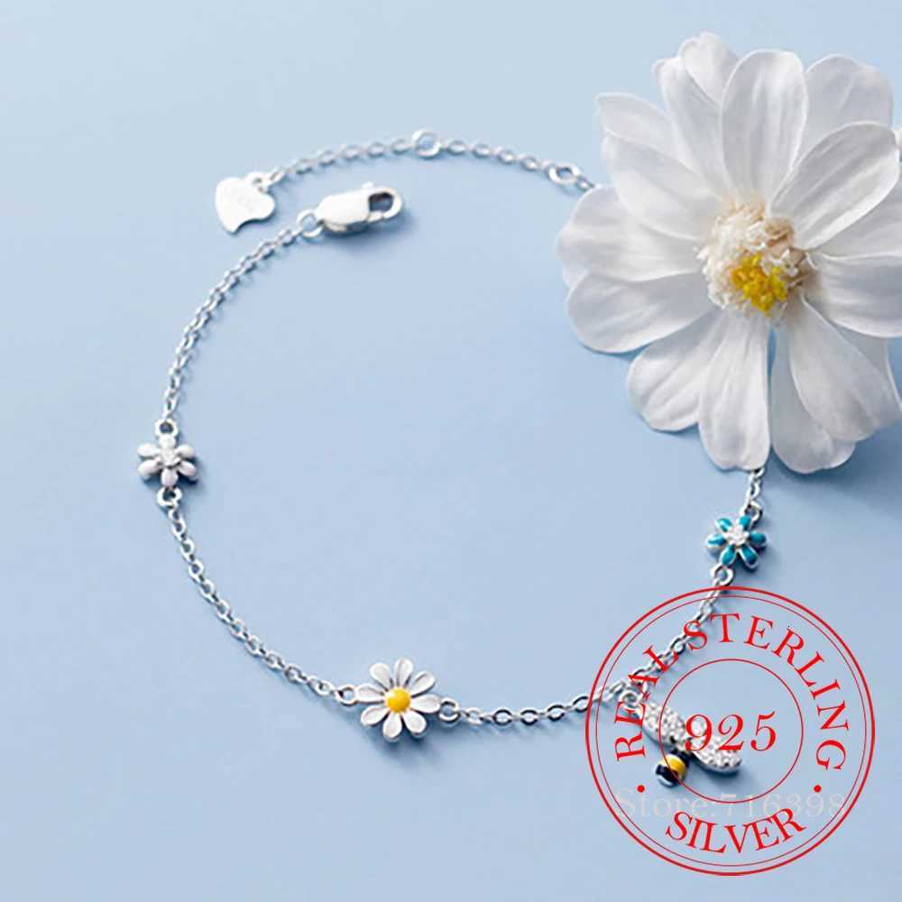 925 Sterling Silver Daisy Bee Charm Bracelet For Women Girls Party Wedding Trendy Bangle Jewelry Accessories Z250807