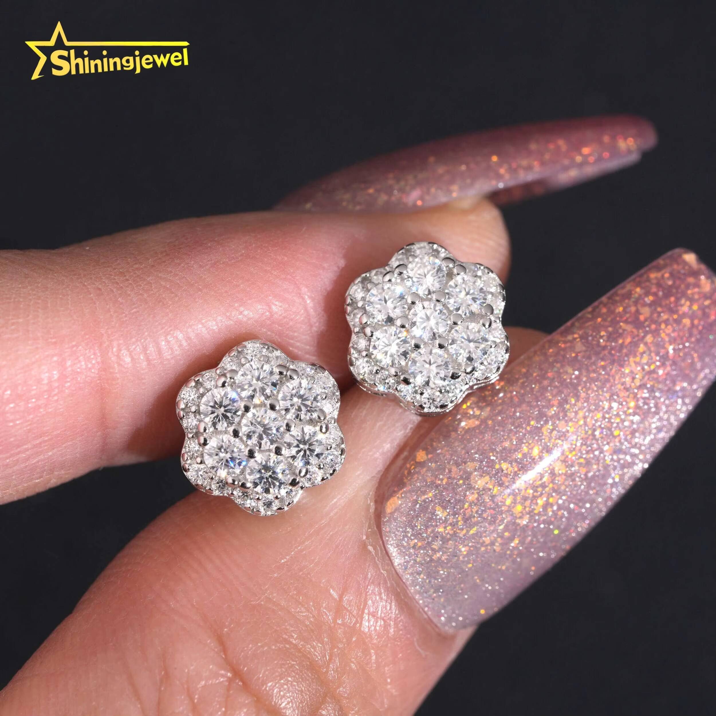 High Quality 925 Sterling Silver Flower Iced Out Diamond Hip Hop Screw Back Moissanite Stud Earrings