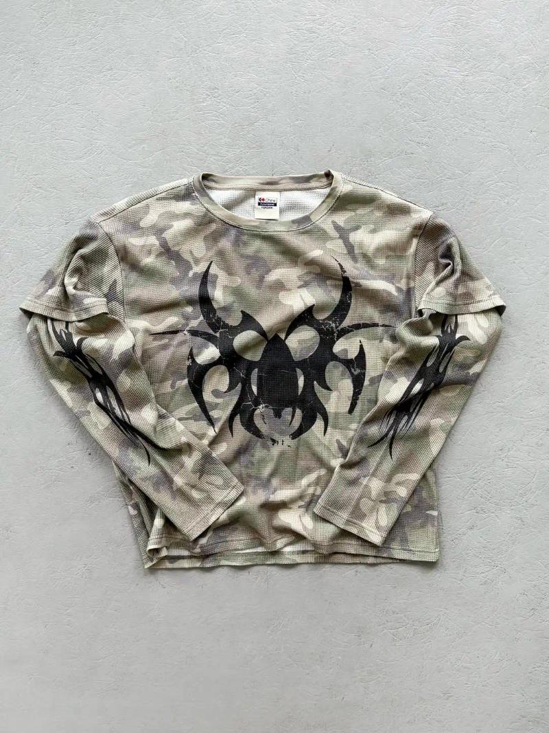 Men's T Shirts 2025 Street Hip-hop Fashion Camouflage Retro Loose Long Sleeve Men Harajuku Punk Goth Casual Oversized Top Women