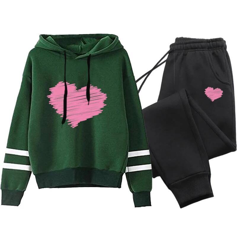 Cute Heart Printed Hoodies Sweatpants Woman Daily Casual Sports Jogging Suit Home Outdoor Comfort Warm Outfit Women's Clothes dongdumaoyi