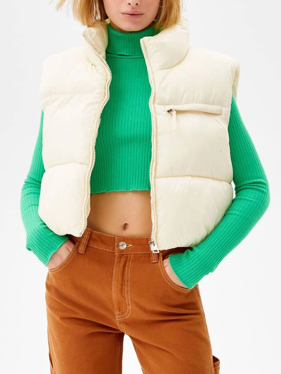 Fashion Women Cropped Puffer Vest Warm Solid Color Lightweight Sleeveless Zipper Down Jacket for Winter Outwear Streetwear 250804