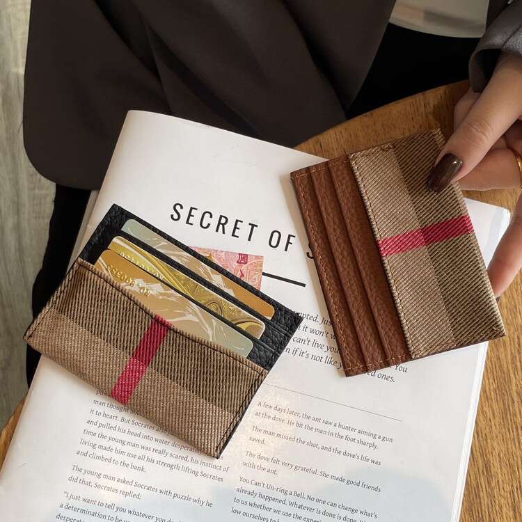 New Top Layer Cowhide Stitching Holder Ins Exquisite Small Plaid Multifunctional Card Coin Clip