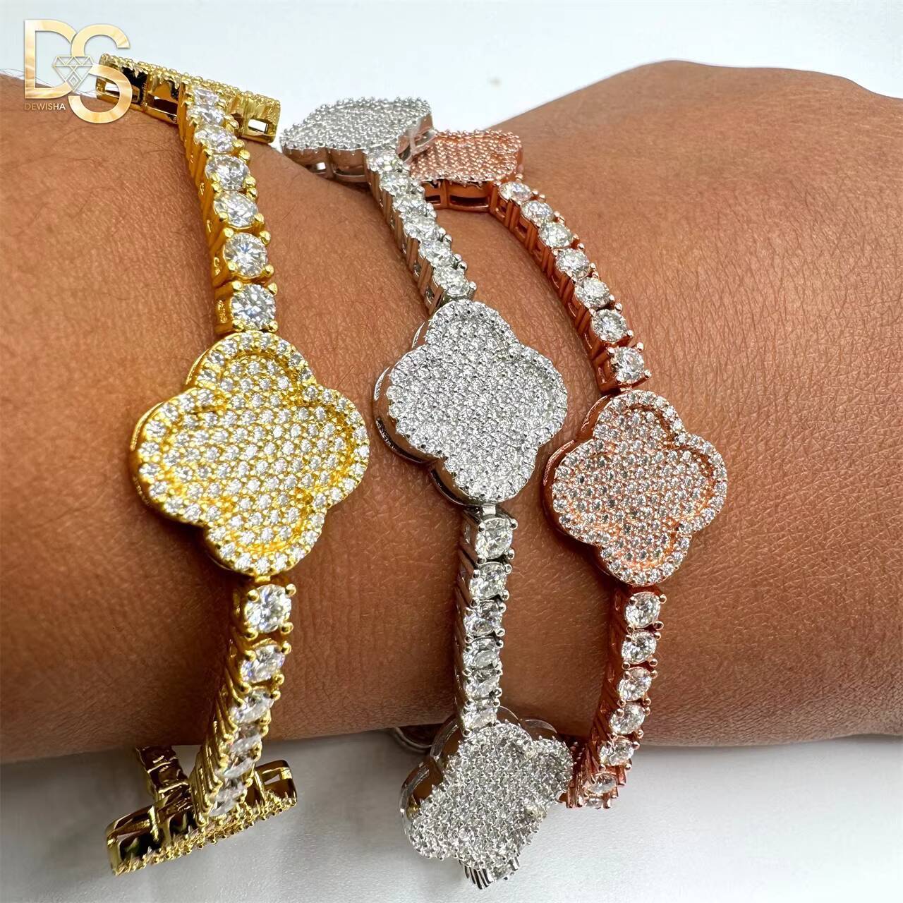 925 Sterling Silver Moissanite Diamond Tennis Bracelet Four-leaf Clover Flower Men and Womens 3MM/4MM Tennis Chain Jewelry