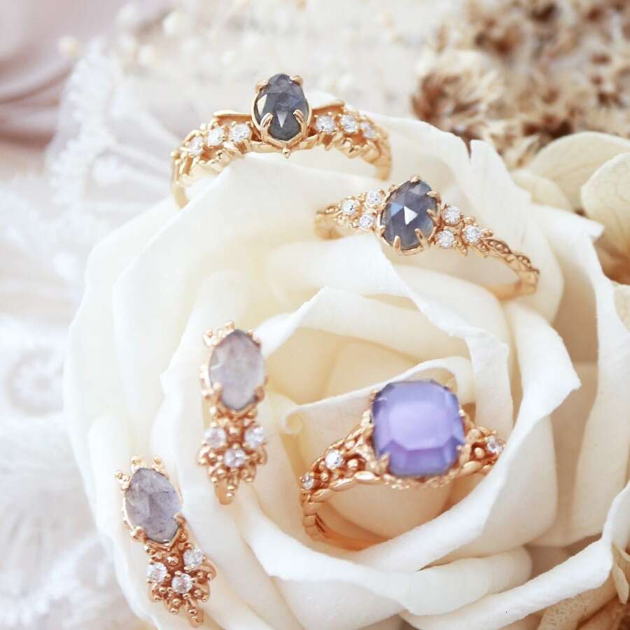 Christmas Limited Edition High Imitation Natural Blue Labradorite Hollow Plated 14K Light Luxury Versatile Simple Ring