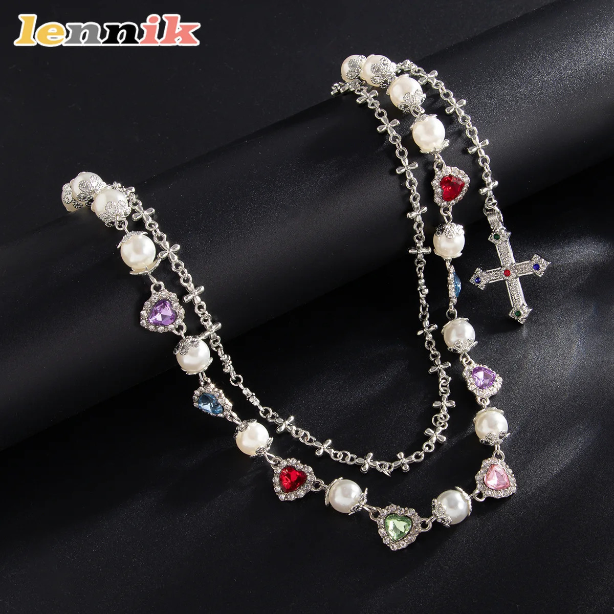 LENNIK Punk Hip Hop Style Rhinestone Cross Pants Chain Creative Colorful Faux Pearl Waist AccessoryStreet/Party Bold Accessory 250807