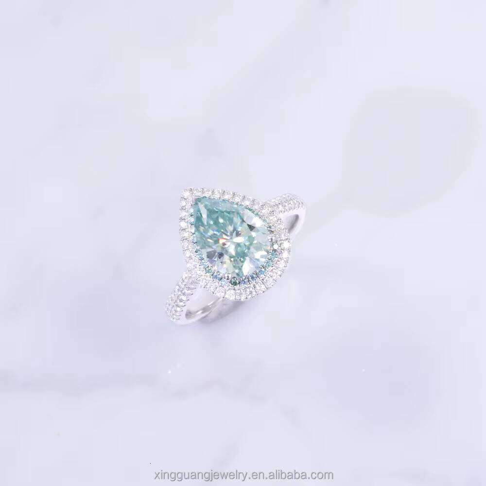 Customized Halo Design Blue 6x8mm Pear Dia Moissanite Fashion White Gold Rings Wedding Fine Jewelry Women Ring