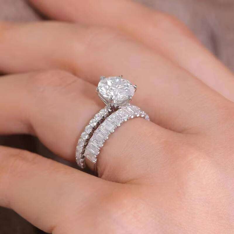 High Quality Siet14k Solid White Gold Full Setting Emerald Cut Eternity Engagement Wedding Band Ring
