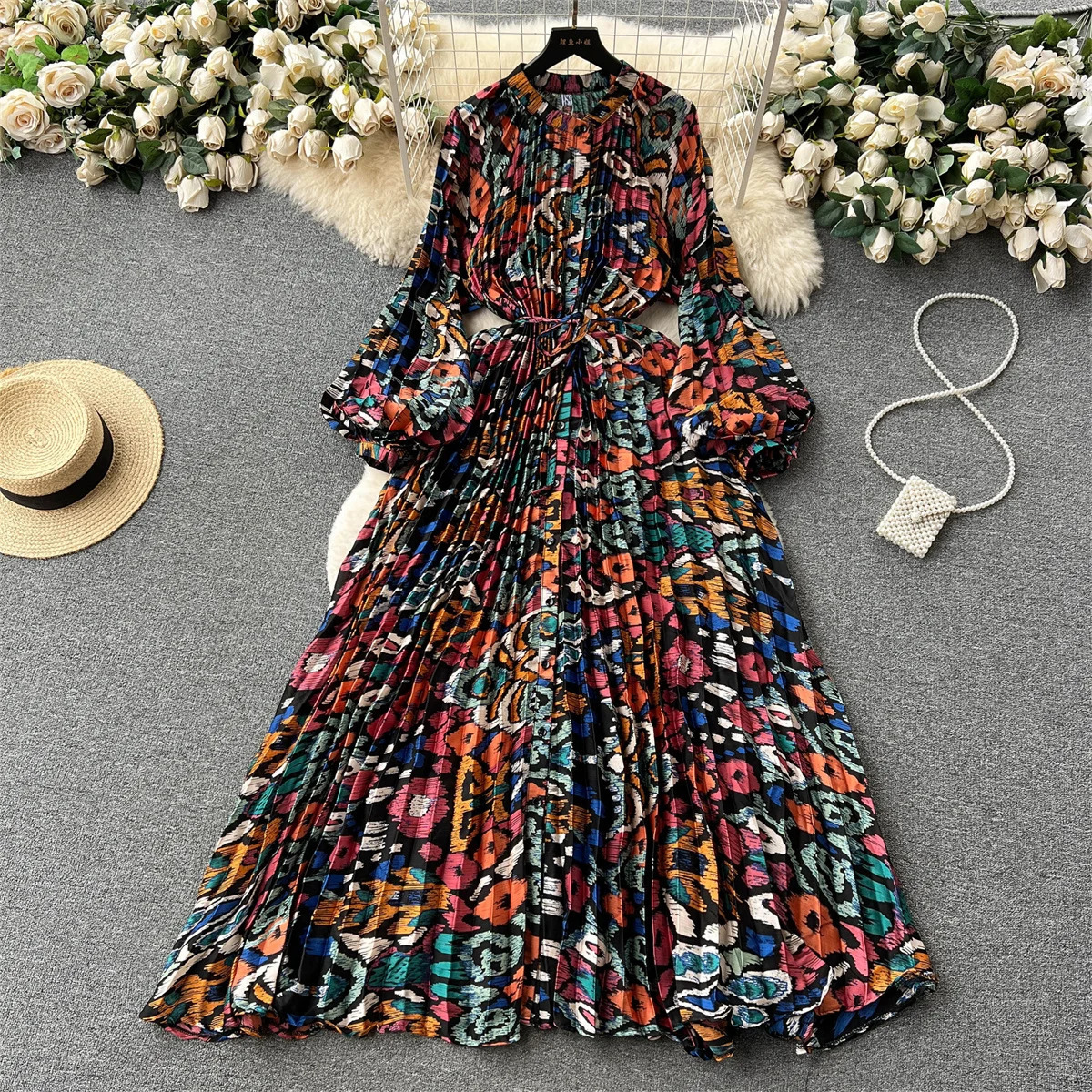 Retro Print Elegant Pleated Lantern Long Sleeve O Neck Single Breasted Dress A-line Casual High Waist Women Summer Dresses 250728