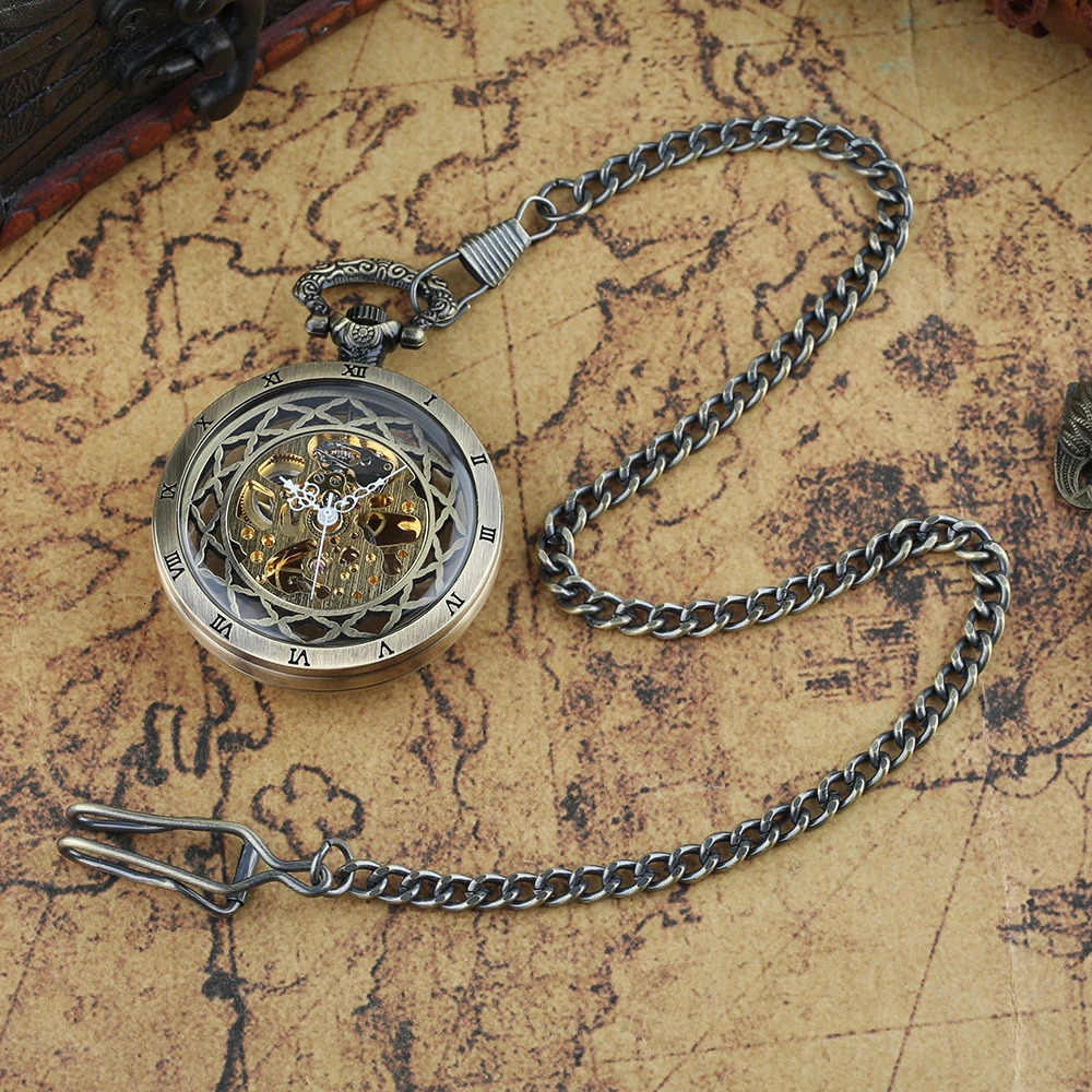 Steampunk Style Glass Transparent Hand Wind Mechanical Pocket Watch with Chain Hollow Men Watches Clock Gifts 250807