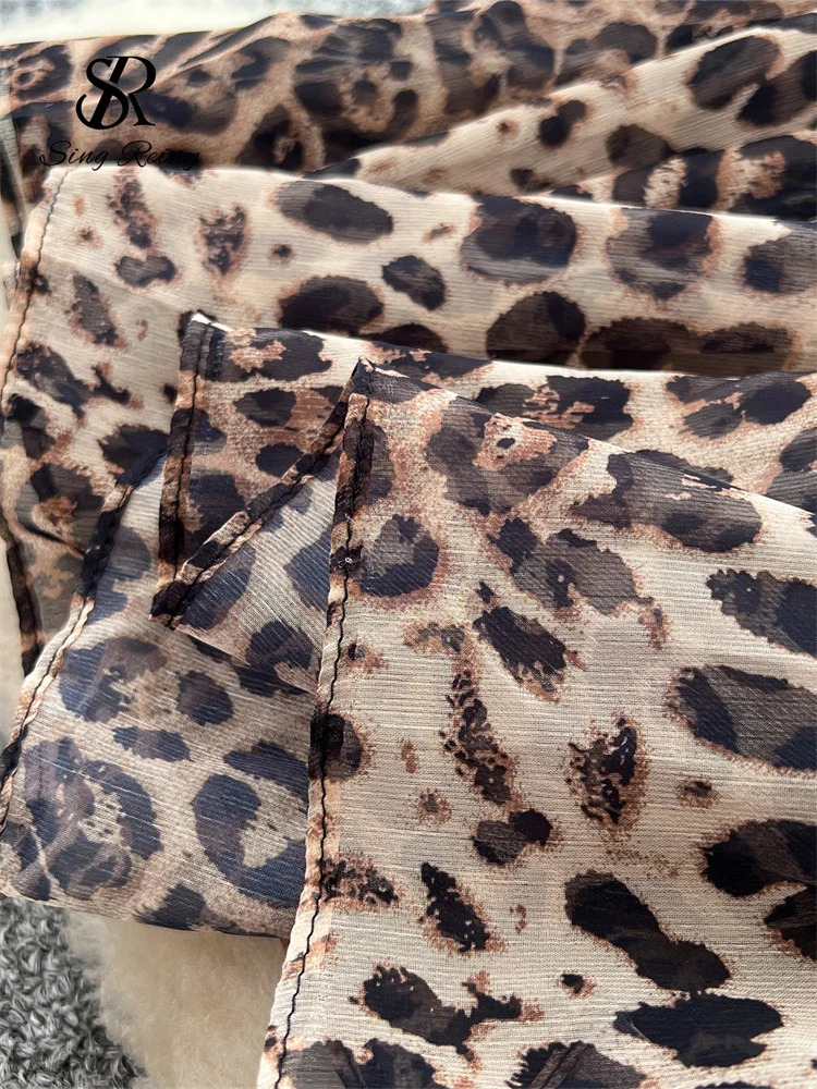 SINGREINY French Style Chiffon Long Dress Autumn Women Stand Collar Lantern Long Sleeves Ruffle Holiday Leopard Print Dress Suit 250728